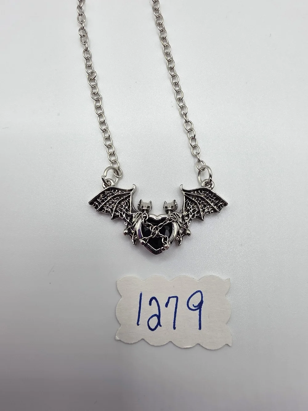 Silver Bat Heart Pendant Necklace